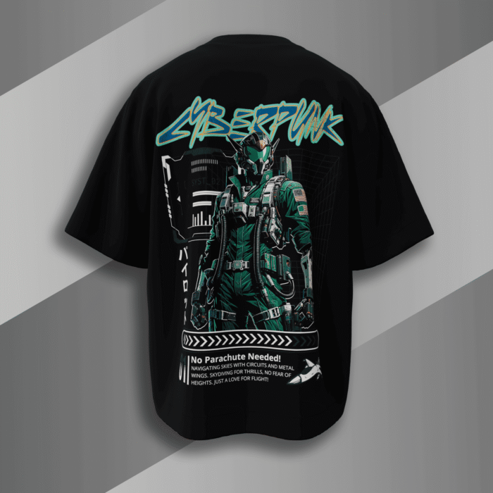 Cyberpunk skydiver oversized black t-shirt with futuristic techwear design – Bold Munk back print graphic