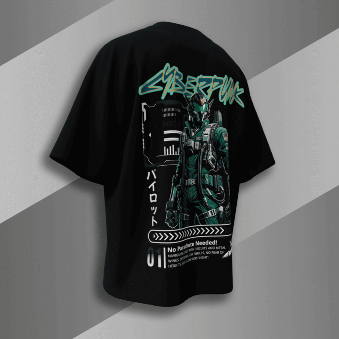 Cyberpunk skydiver oversized black t-shirt with futuristic techwear design – Bold Munk back print graphic