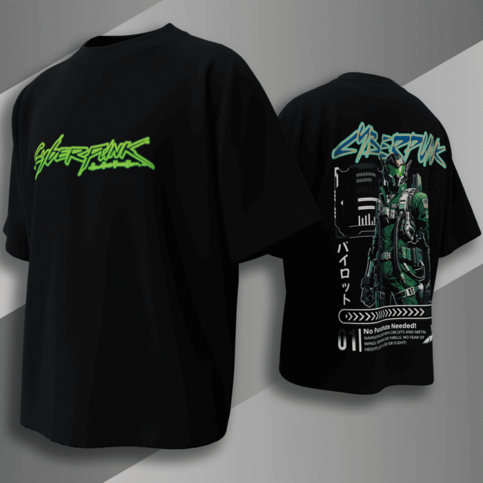Cyberpunk skydiver oversized black t-shirt with futuristic techwear design – Bold Munk back print graphic