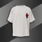 alt="White oversized t-shirt with bold red anatomical heart and black gothic wings graphic, BoldMunk EST. 2025 design on the back"