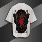 alt="White oversized t-shirt with bold red anatomical heart and black gothic wings graphic, BoldMunk EST. 2025 design on the back"