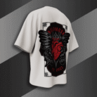 alt="White oversized t-shirt with bold red anatomical heart and black gothic wings graphic, BoldMunk EST. 2025 design on the back"
