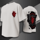 alt="White oversized t-shirt with bold red anatomical heart and black gothic wings graphic, BoldMunk EST. 2025 design on the back"