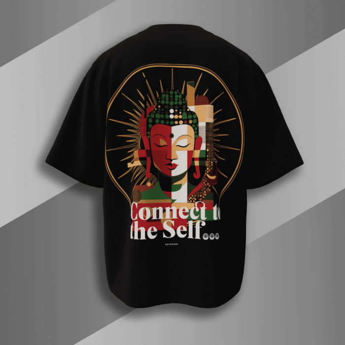 "Black oversized t-shirt featuring abstract Buddha face with 'Connect to the Self' quote, spiritual Indian streetwear by Bold Munk"