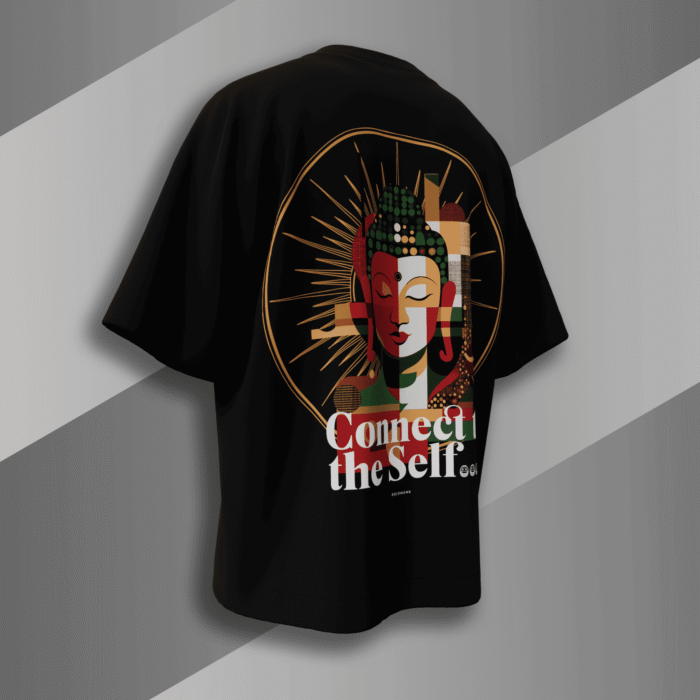 "Black oversized t-shirt featuring abstract Buddha face with 'Connect to the Self' quote, spiritual Indian streetwear by Bold Munk"
