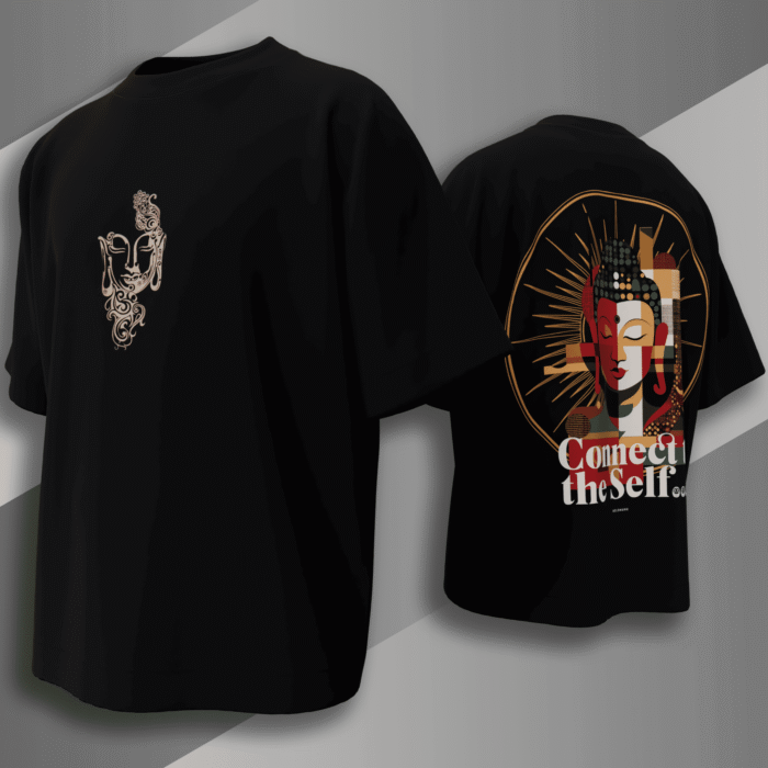 "Black oversized t-shirt featuring abstract Buddha face with 'Connect to the Self' quote, spiritual Indian streetwear by Bold Munk"