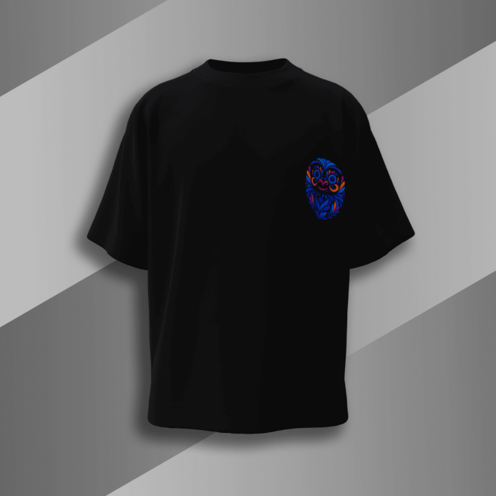 “Black oversized t-shirt with vibrant blue and orange Japanese Daruma doll design on the back, minimal front chest logo, Bold Munk streetwear”