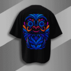 “Black oversized t-shirt with vibrant blue and orange Japanese Daruma doll design on the back, minimal front chest logo, Bold Munk streetwear”
