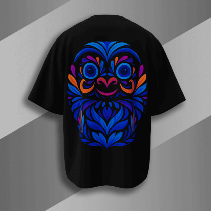 “Black oversized t-shirt with vibrant blue and orange Japanese Daruma doll design on the back, minimal front chest logo, Bold Munk streetwear”