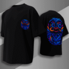 “Black oversized t-shirt with vibrant blue and orange Japanese Daruma doll design on the back, minimal front chest logo, Bold Munk streetwear”