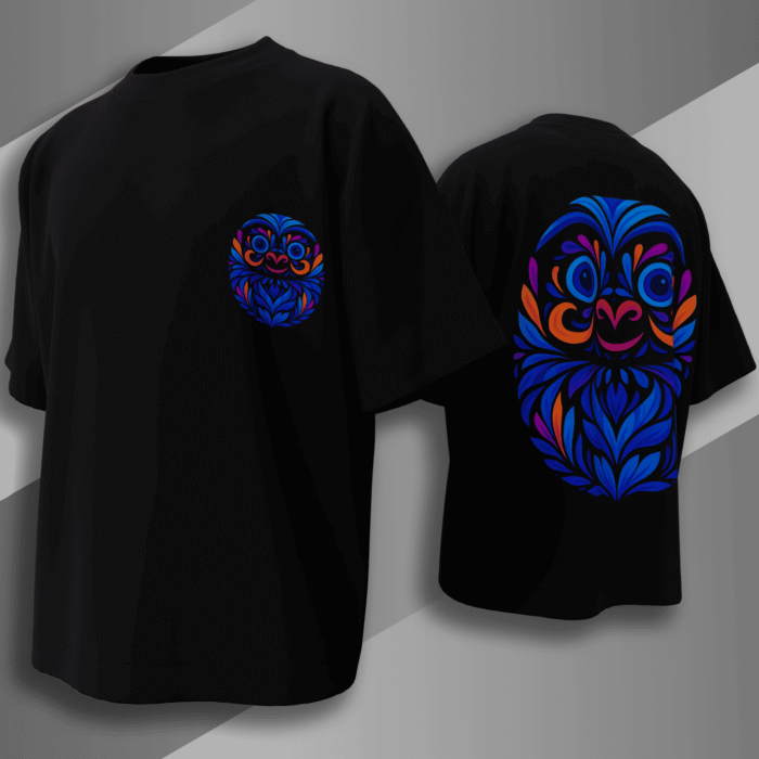 “Black oversized t-shirt with vibrant blue and orange Japanese Daruma doll design on the back, minimal front chest logo, Bold Munk streetwear”